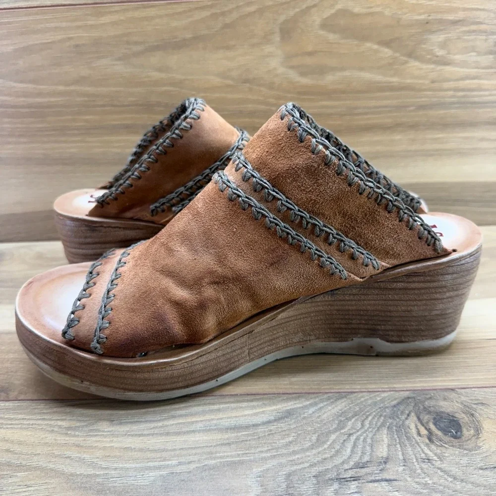 A.S 98 AS98 Nelson Wedge Sandals 11 EU 42 Cognac Suede Boho Whipstitch Artisan